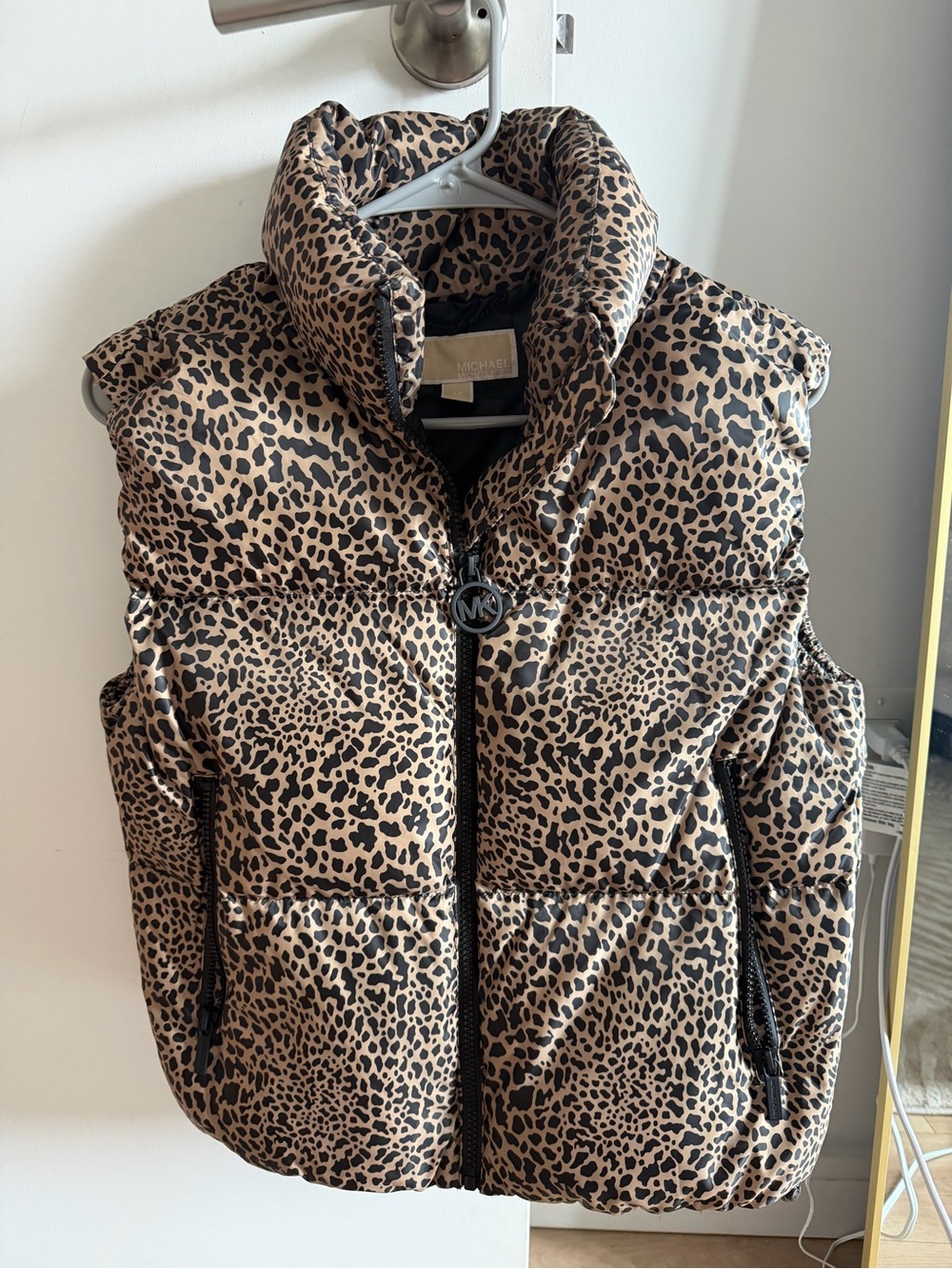Michael Kors Leopard Print Puffer Vest in Tan and Black